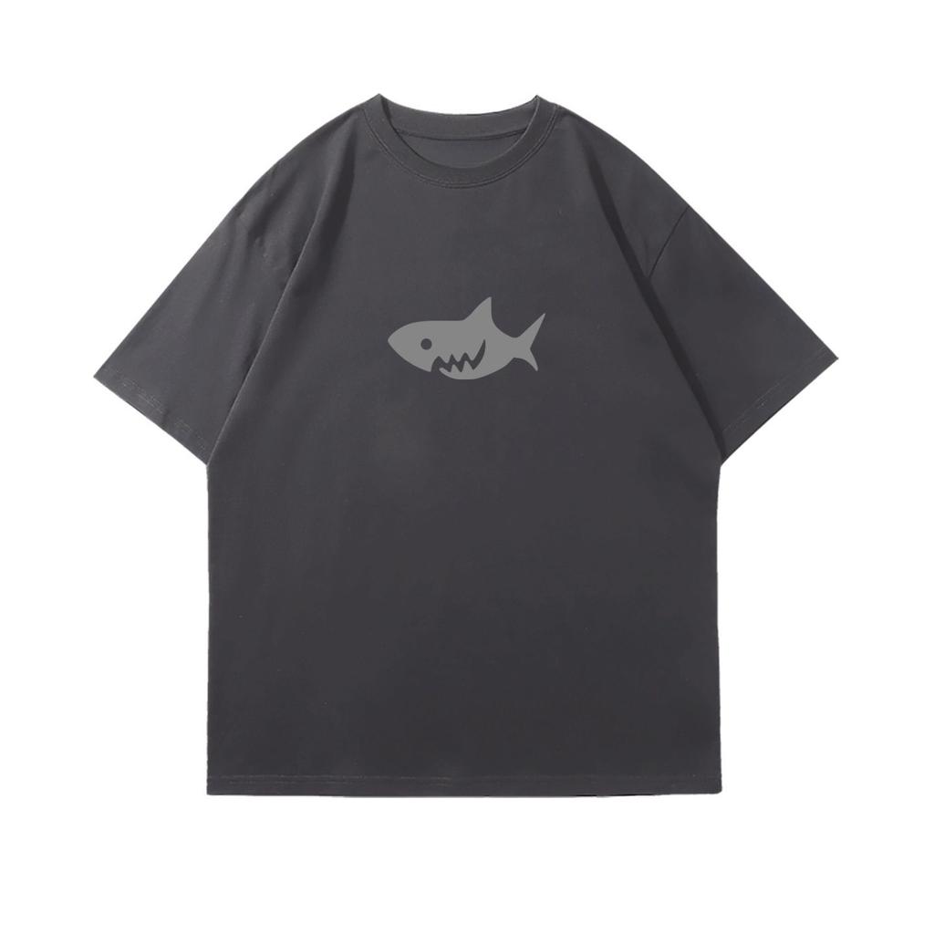 Simple Blue Shark Print Shortsleeved Tshirt For Summer In Japan And South Korea Pure Cotton Unisex Casual Top