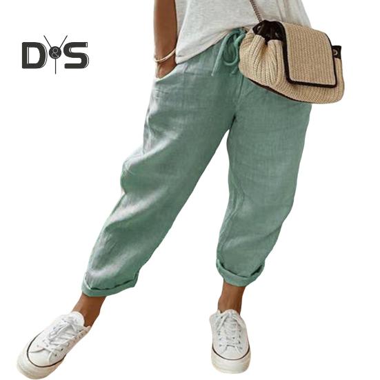 Женские повседневные брюки, однотонные свободные длинные брюки, эластичный пояс, регулируемые брюки на шнурке с карманами
