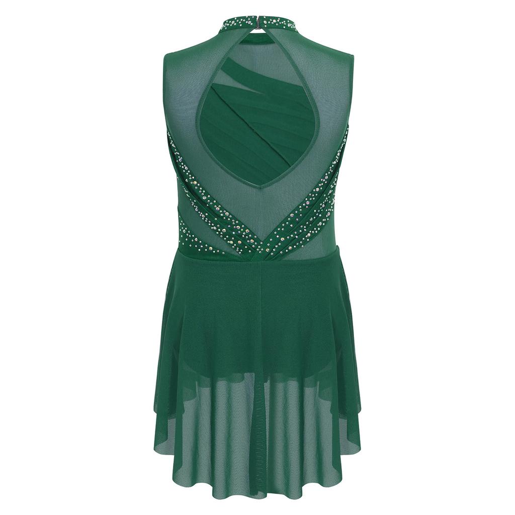 Девочки Сетчатое Пэчворк Без Рукавов Вырез на Спине Складки Асимметричный Подол Блестящий Стразы Платье Для Танцевального Выступления