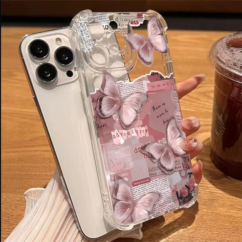 Newspaper Butterfly Pattern Transparent Phone Case For iPhone 11 17 13 12 14 15 16 Pro Max XS XR 15 Plus 16E 17E Soft TPU Cover