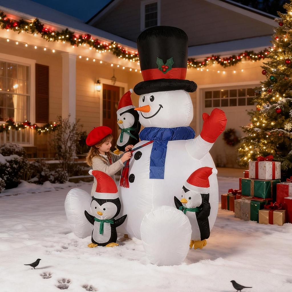 7 футов Рождественский надувной сидящий снеговик украшение RGB светодиодные огни с 3 пингвинами Рождественский надувной уличное украшение