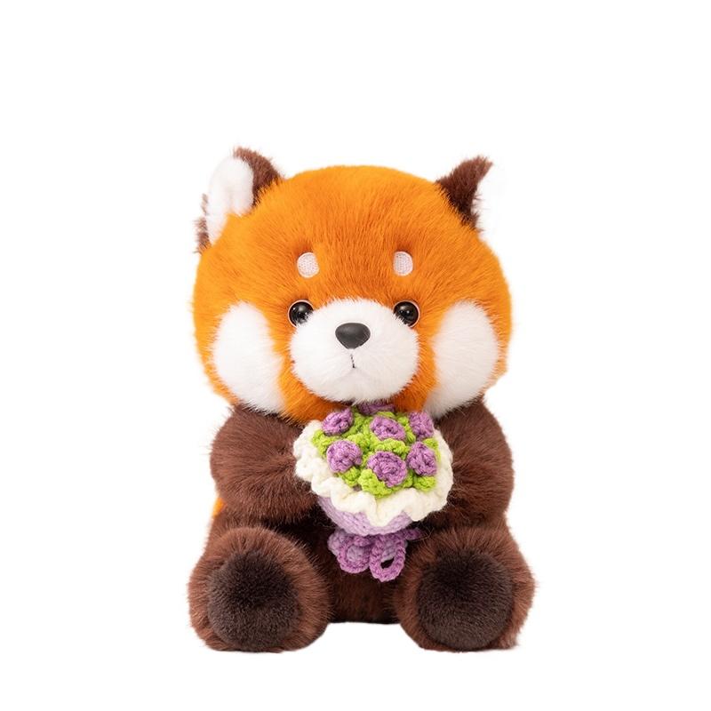 Cute Red Panda Hug Flower Bouquet Stuffed Animals Raccoon Plush Toy Groundhog Plushie Toy Valentine's Day Gift Confession Gift