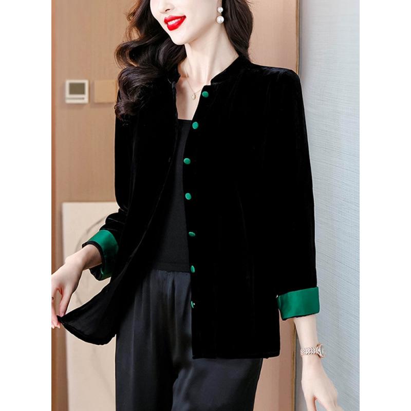 Женское черное бархатное пальто - Новый китайский стиль Весна/Осень Свободный кардиган