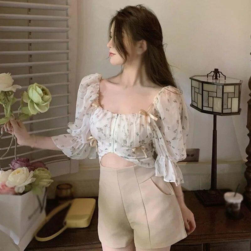 Женский топ Укороченный топ с короткими рукавами Шифоновая блузка с квадратным вырезом