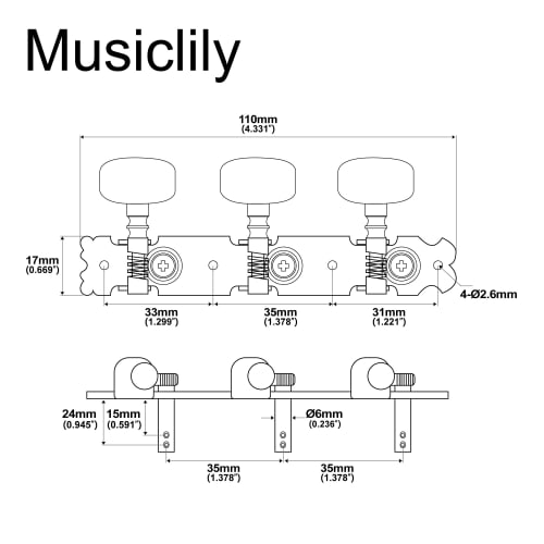 Musiclily Комплект из 3-х колков для акустической гитары, Никель
