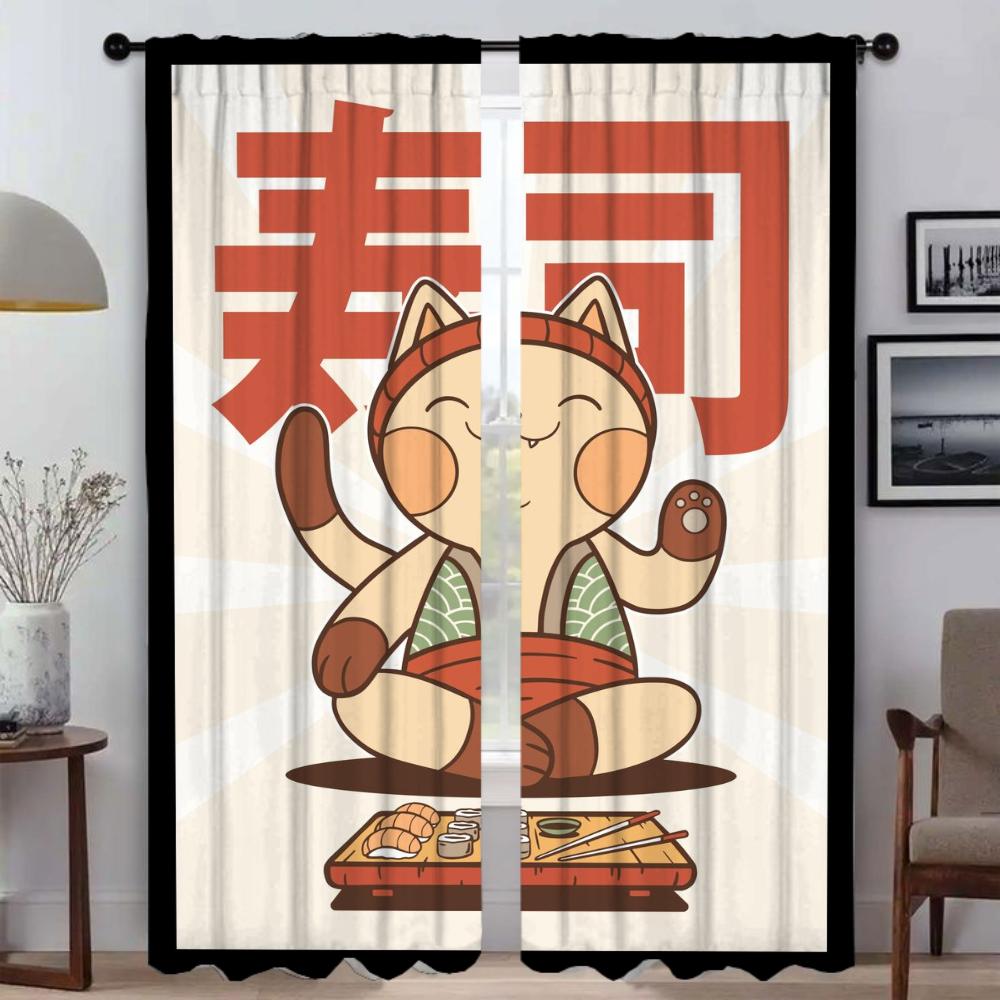 Шторы Sushi Cat для спальни, светонепроницаемые шторы для комнаты, 2 панели, шторы-перегородки, украшение на Хэллоуин, шторы для домашнего интерьера