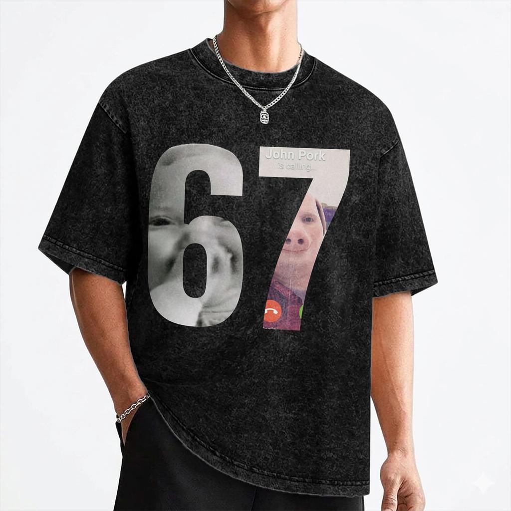 Six Seven John Pork T Shirt Washed 100 Cotton Harajuku TShirts  Vintage for Men Women Streetwear Printed Tee Shirt