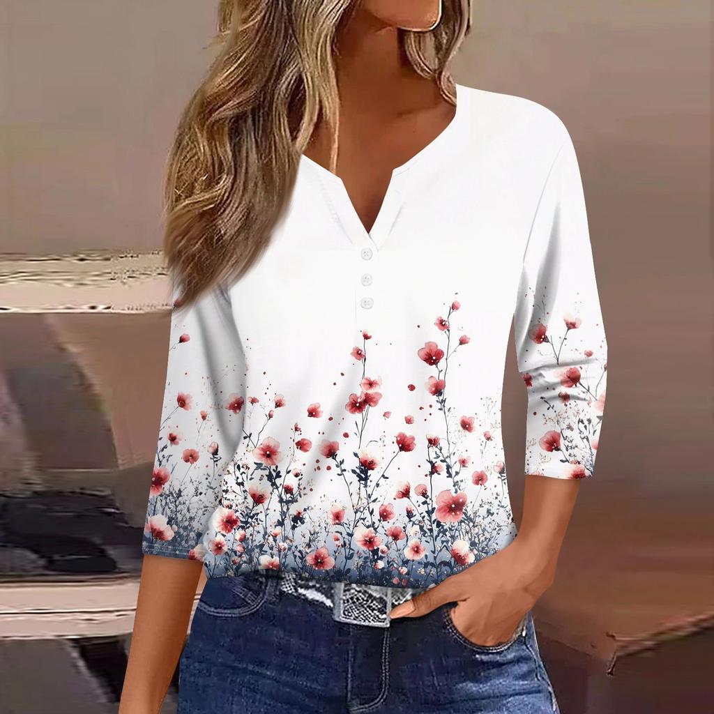 Women's T Shirt Print Button 3/4 Sleeve Daily Weekend Fashion Basic V- Neck Regular Top
