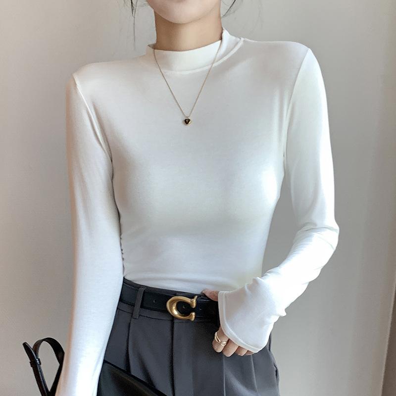 Длинный рукав Женская холодная базовая теплая футболка Модальная нижняя рубашка Однотонная осенняя футболка с полувысоким воротом и круглым вырезом с маленьким воротником