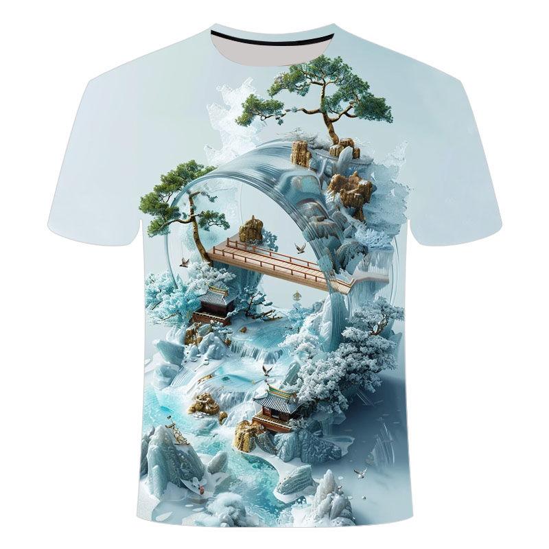 2024  Summer Creative Ink Painting Landscape 3D  Short Sleeved Men's Trendy Personalized T-shirt