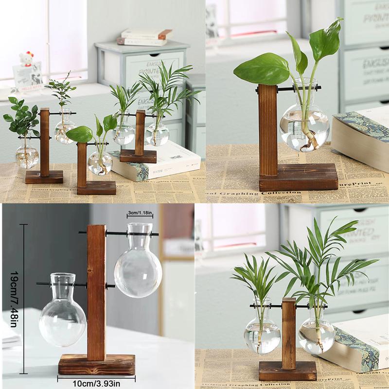 Creative Green Plants Wooden Frame Glass Vase Hydroponic Container Desktop Office Living Room Decoration