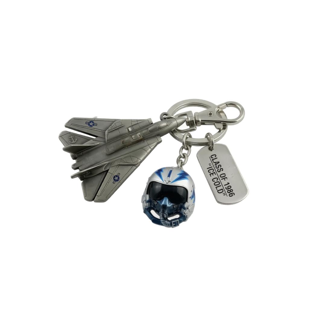 Metal Fighter Jet and Pilot Helmet Keychain Set with Commemorative Tag Durable Alloy Material for Collectors and Aviation Enthusiasts