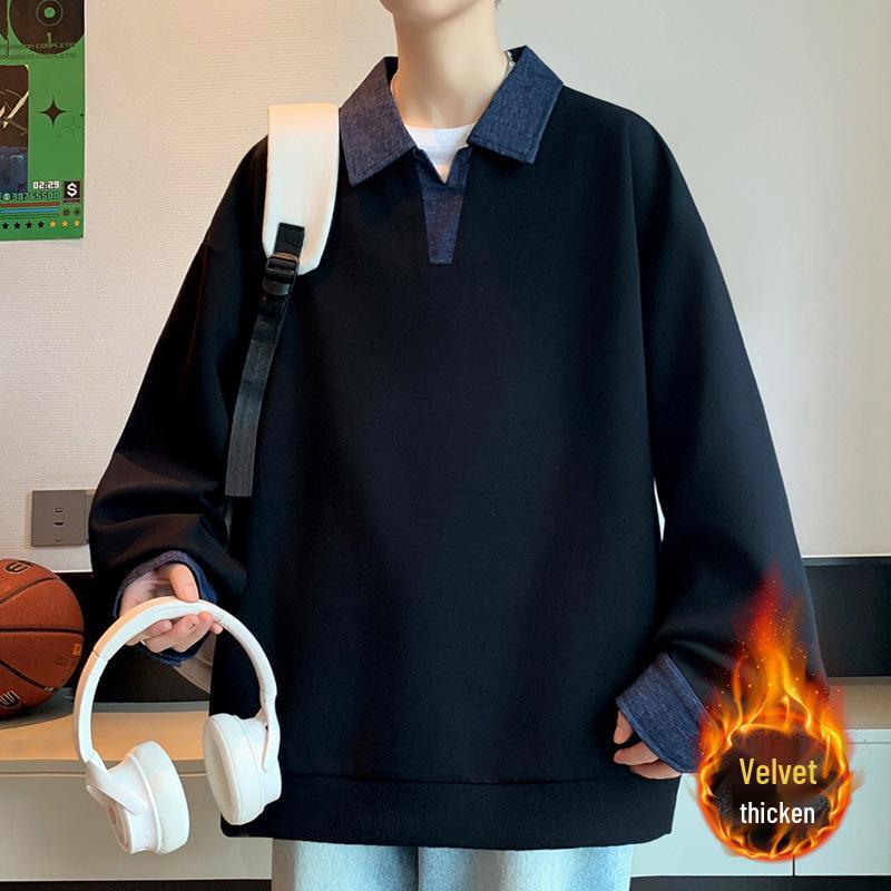 Boy's Plus Velvet Fake Two-Piece Lapel Hoodie for Fall/Winter - Junior High and Big Kids POLO Top