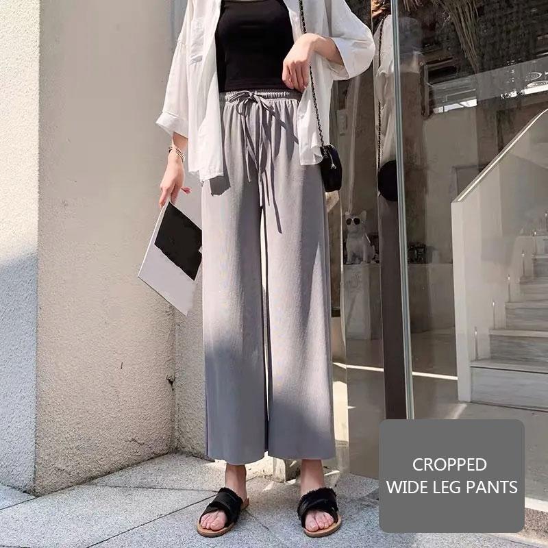 Широкие брюки с подвеской из ледяного шелка, женские весенне-летние прямые брюки с девятью точками, тонкие повседневные брюки с высокой талией, свободные крутые брюки для девочек
