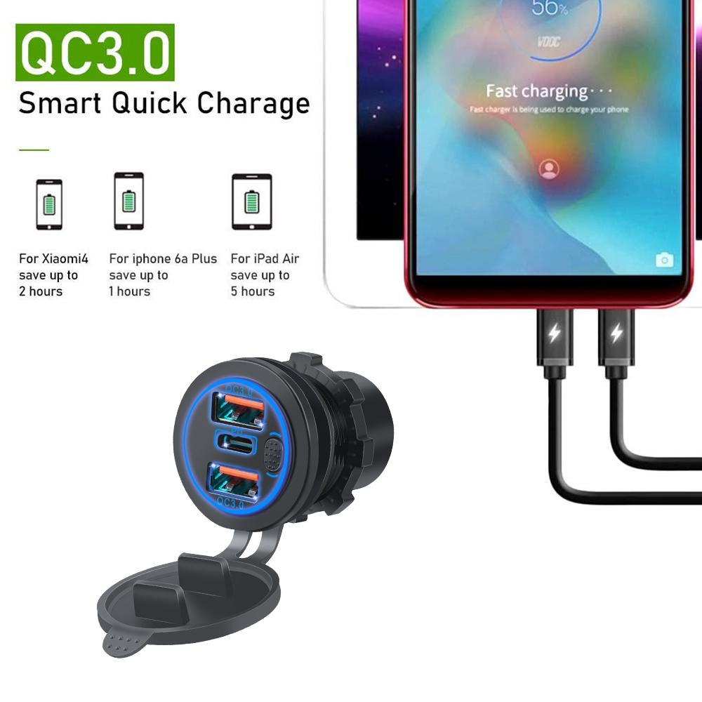 Тройное автомобильное зарядное гнездо QC 3.0 USB Type-C, несколько быстрозарядных адаптеров PD3.0 для грузовиков, мотоциклов с сенсорным переключателем
