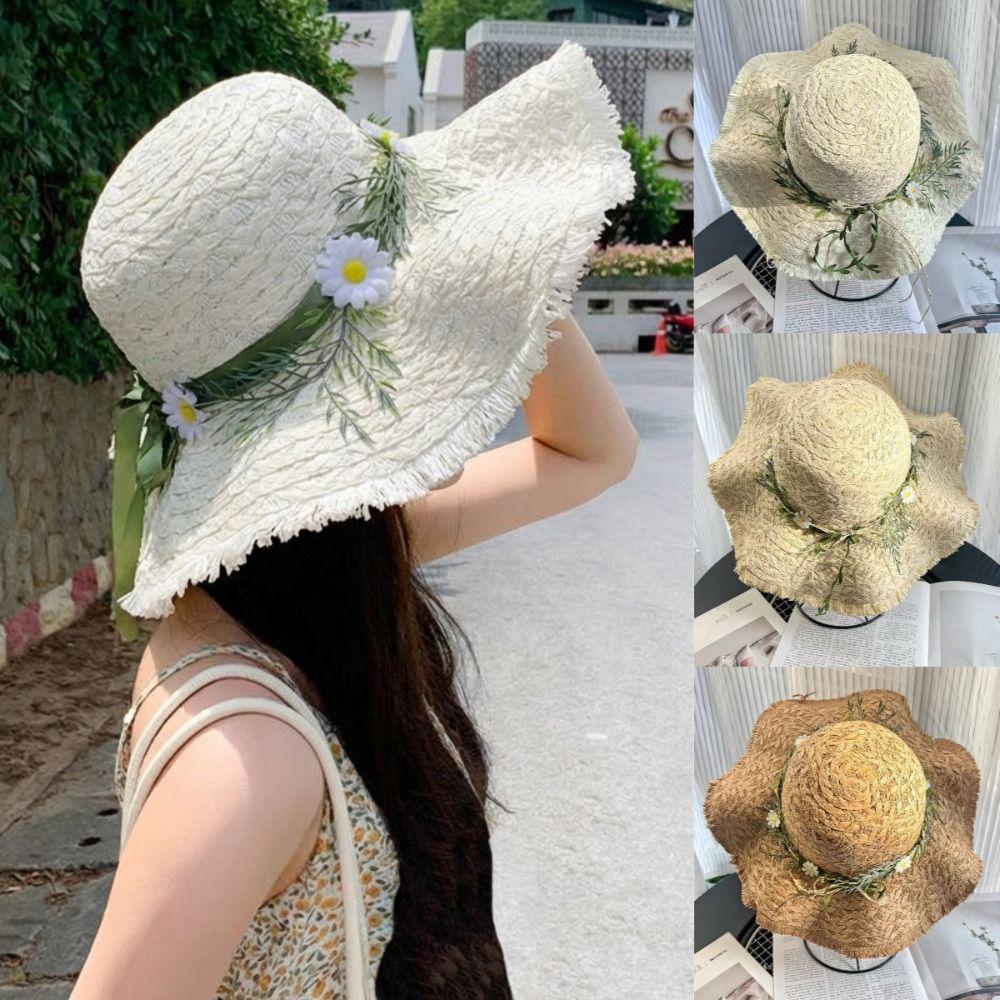 Hand-woven Raffia Straw Hat Sun Protection Wide-brimmed Fisherman's Hat Chrysanthemum Design Casual Beach Hat For Summer Outings