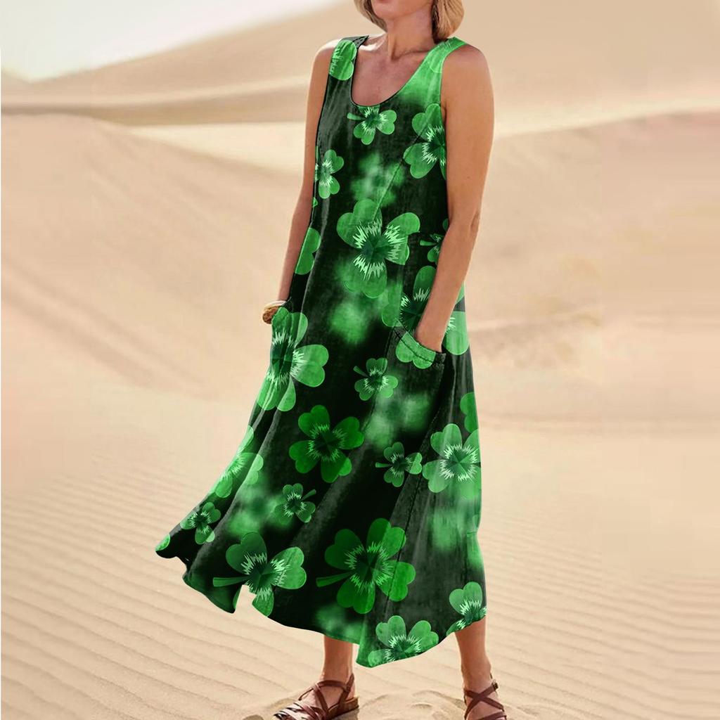 Women's Casual Comfort St. Patrick's Day Printed Sleeveless Pocket Dress