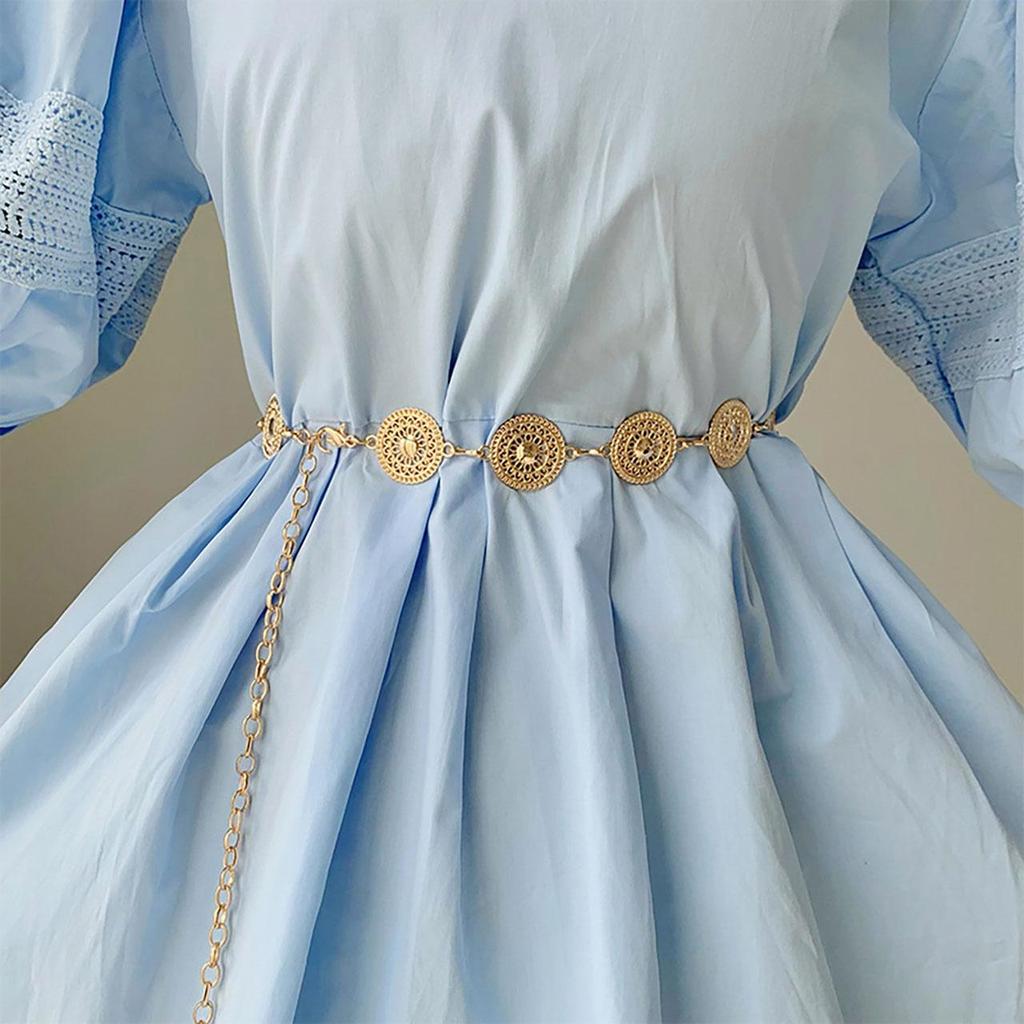 Женский металлический пояс с круглыми вырезами, золото, серебро, резной, длинный, регулируемая цепочка, элегантный, для платья, пальто, декоративный ремешок