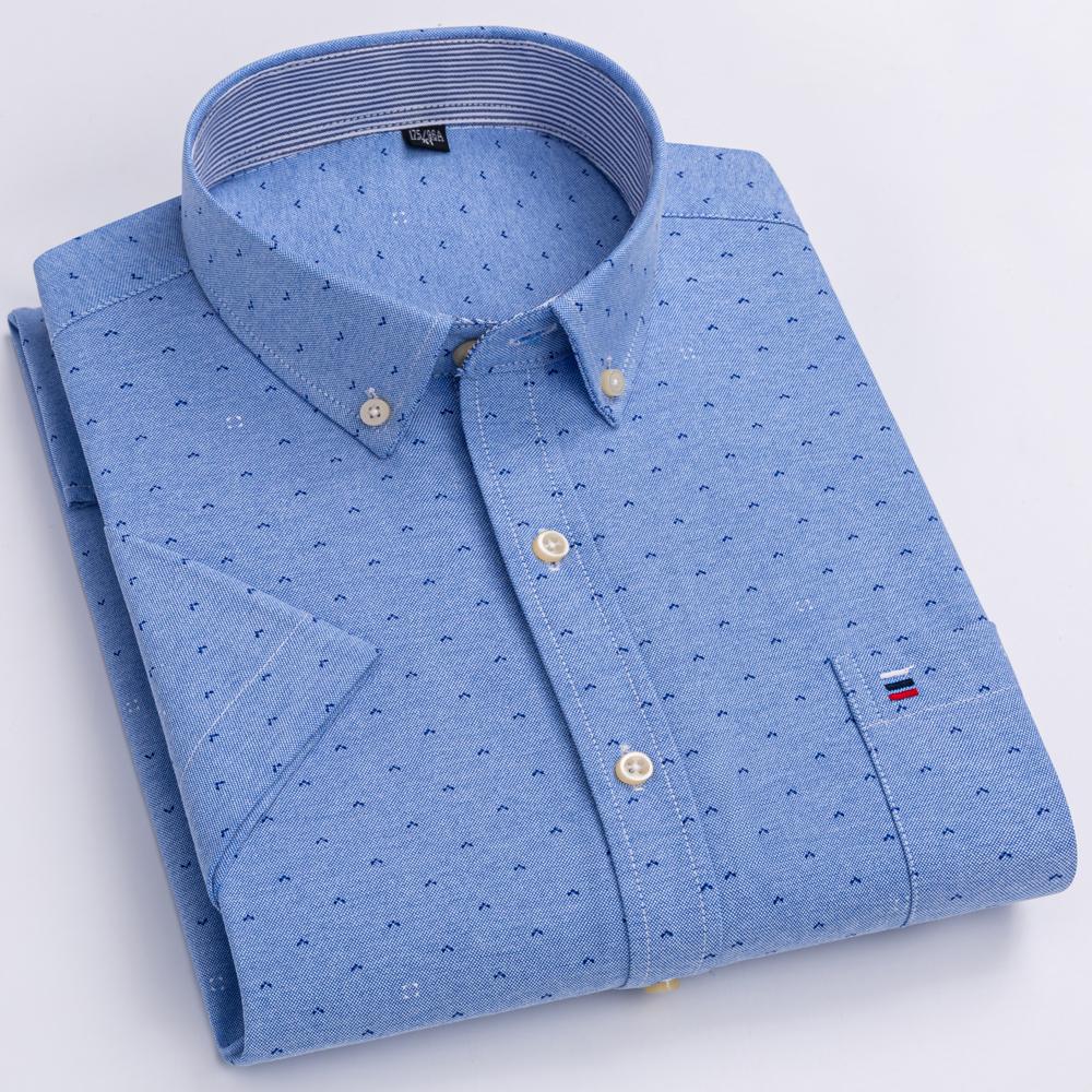 Мужская модная универсальная оксфордская рубашка с коротким рукавом с одним нагрудным карманом, удобные повседневные рубашки из чистого хлопка в клетку в полоску