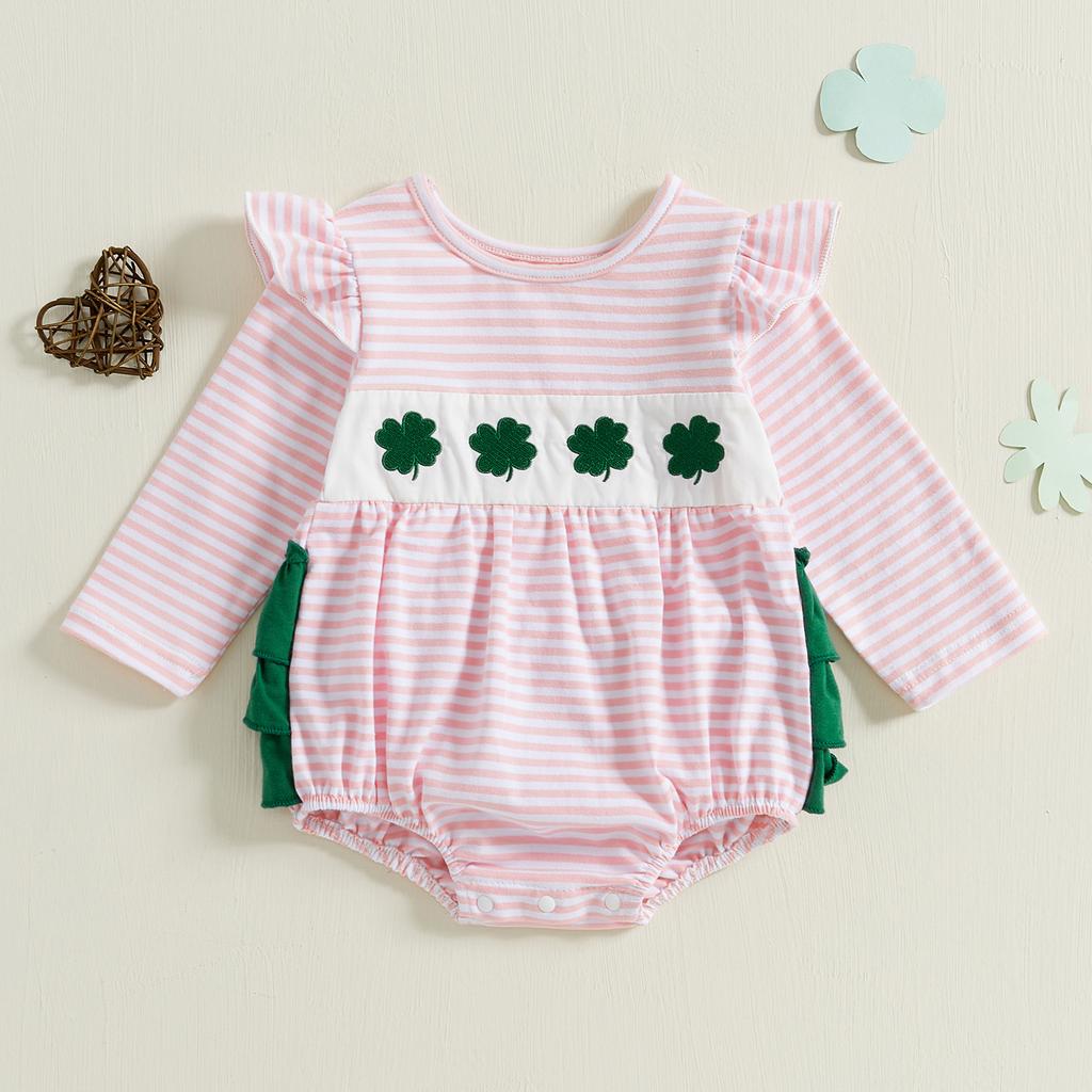 Baby Girl Striped Bodysuit Clover Ruffle Trim Long Sleeve Romper Cute Irish Clothes