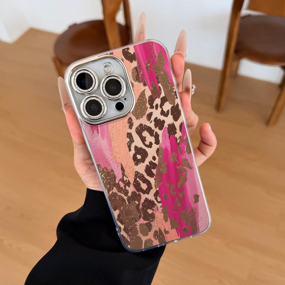 Rose Red Leopard Print Acrylic Compatible for 15/14 for 17 AIR Glitter Pink Lens Drop-Resistant Phone Case