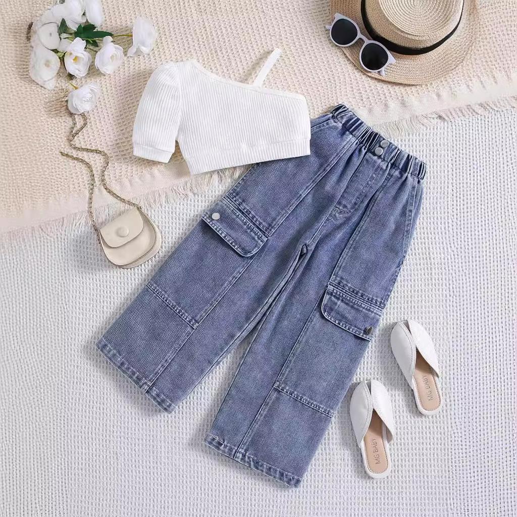 Комплект одежды для девочек: Летний детский однотонный свитер с короткими рукавами и открытыми плечами, комплект из двух предметов из денима с множеством пуговиц