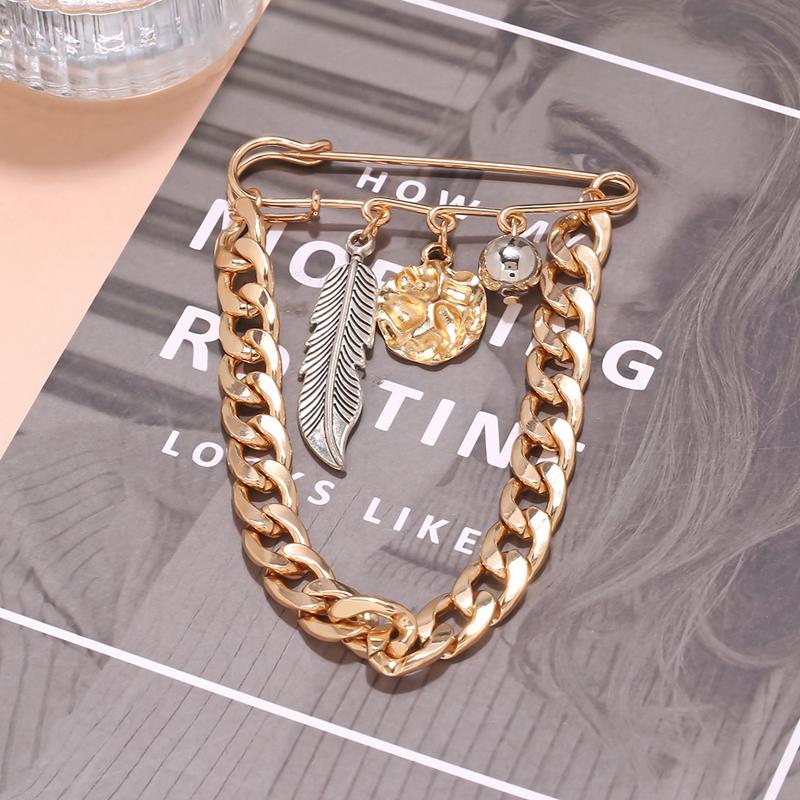 Feather Coin Chain Tassel Brooches for Women Retro Denim Element Waist Pin Hip-Hop Pants Chain Brooch Punk Versatile Accessories