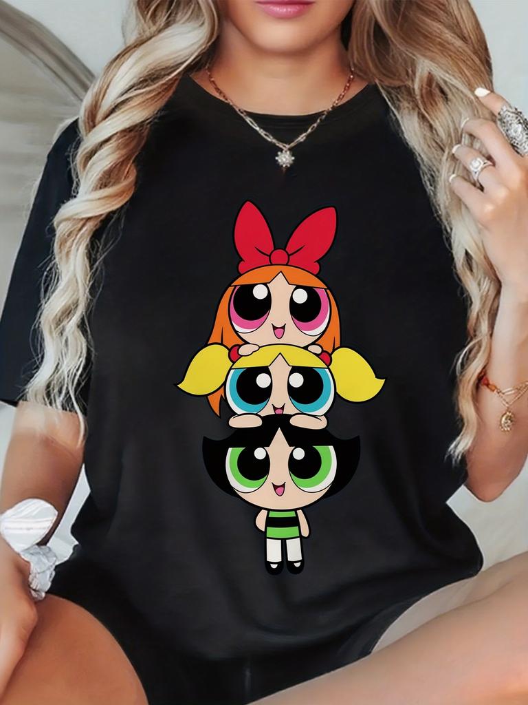 European size - The Powerpuff s Women'S L-5XL Oversized T-Shirt - Blossom, Buttercup Bubbles Graphic Print, Retro Cartoon Short Sleeve Round