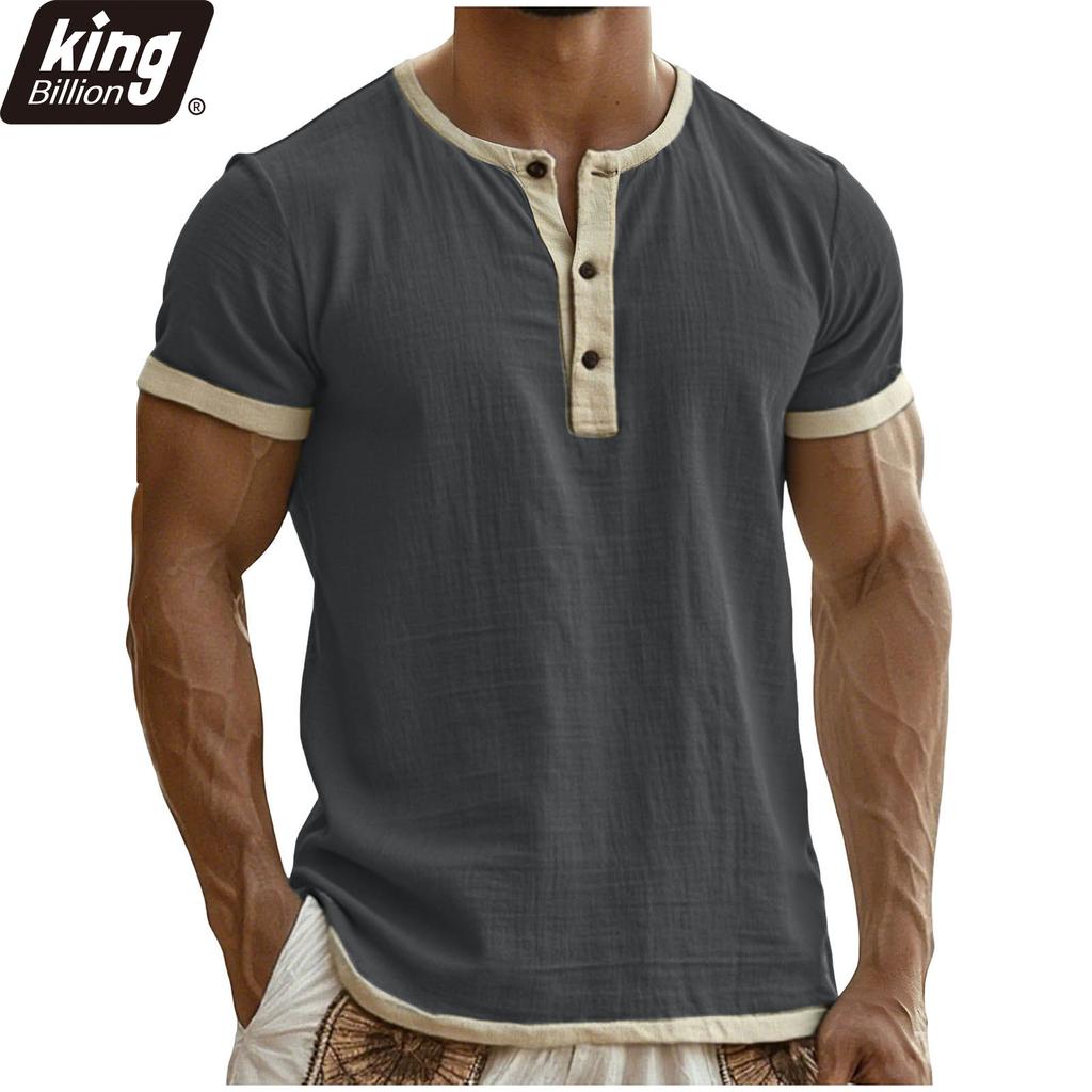 Мужская футболка-henley с контрастной отделкой - Короткий рукав, вырез-лодочка на пуговицах, приталенный крой, винтажный, повседневный, летний, базовый