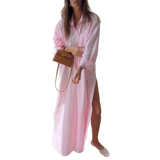 Женское платье-рубашка с лацканами, длинным рукавом, боковым разрезом, повседневная рубашка, однотонное платье макси с застежкой на пуговицы, повседневная одежда