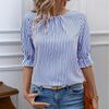 Spring and Summer Lotus Leaf Sleeve Five Quarter Sleeve Top with Back Button Design and Striped Women's Blouses & Shirts