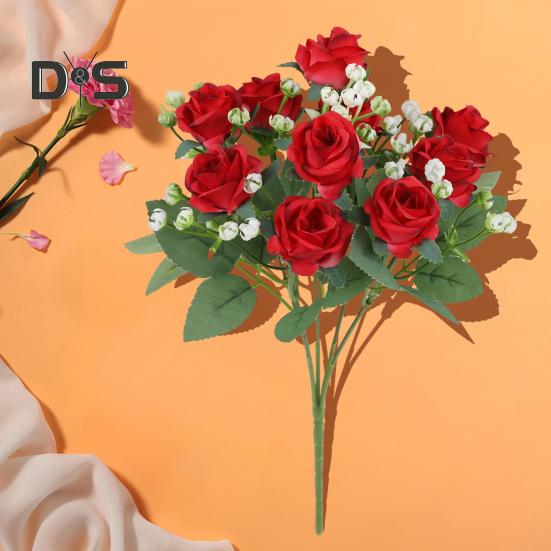 Искусственный букет роз с зелеными листьями на стебле Реалистичные многоразовые искусственные цветочные растения Украшение дома Свадебная вечеринка Фото