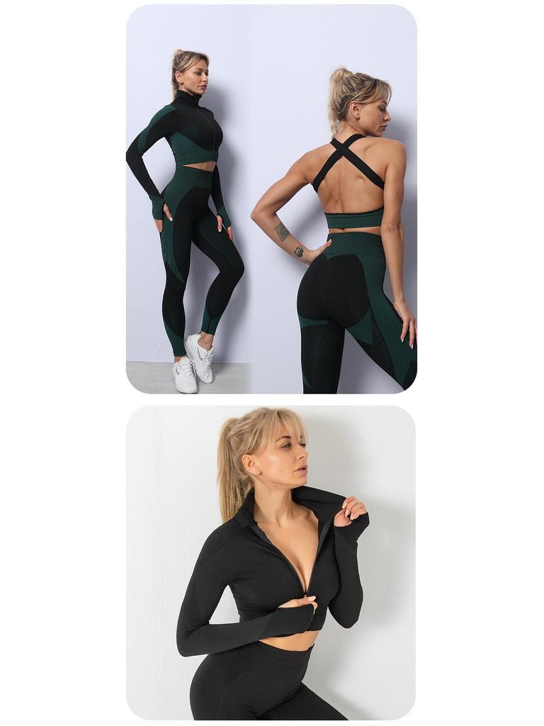 Бесшовный набор для йоги: Ударопрочный спортивный бюстгальтер, топ на молнии, быстросохнущие брюки с высокой талией, приподнимающие бедра