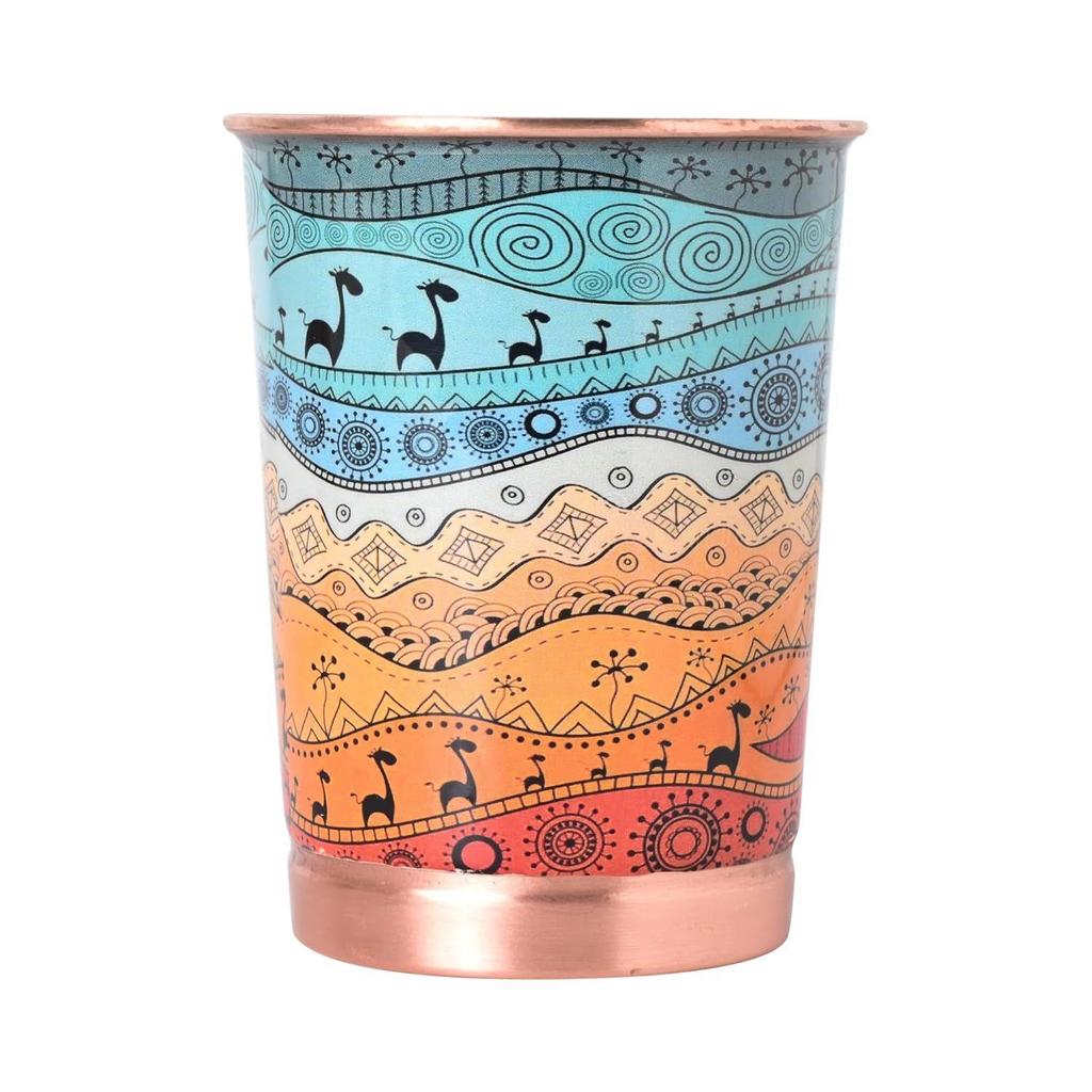 Copper Printed Design 250ML Water Glass with Rust Proof Protection for Home and Office Use Ayurveda and Yoga Health Benefits Glass Set of 6