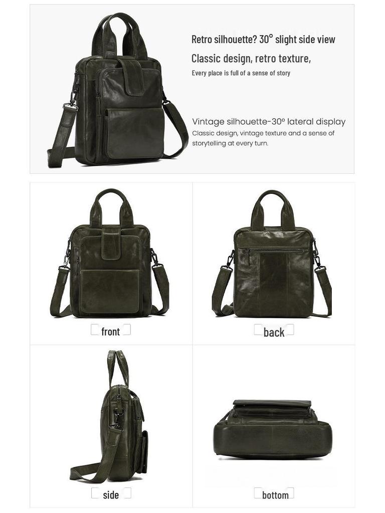 Genuine Leather Crossbody Messenger Bag - Men's Large Capacity Retro Vertical Handbag for Casual or Commute Use.