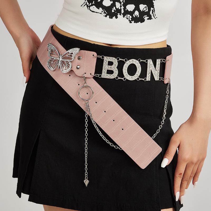 Персонализированная цепочка на ремень Y2K с буквенным принтом, ремень с украшением в виде бабочки, универсальный ремень из искусственной кожи, цепочка