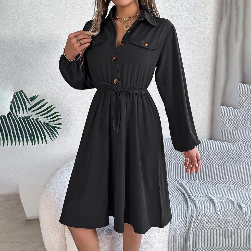 Женские осенние платья повседневные платья-рубашки миди с длинным рукавом и лацканами на пуговицах, с завязкой на талии