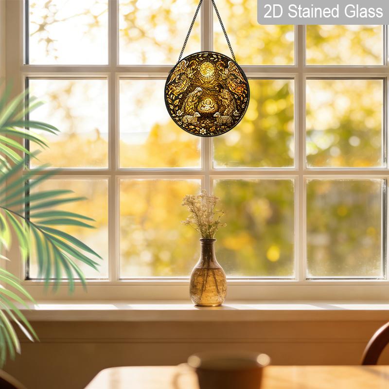 1pc 2D Flat Religious Stained Glass Suncatcher, 6.3/7.87 Inch Nativity Scene Glass Hanging Ornament, Religious Christmas Decor, Angelic Stained Glass