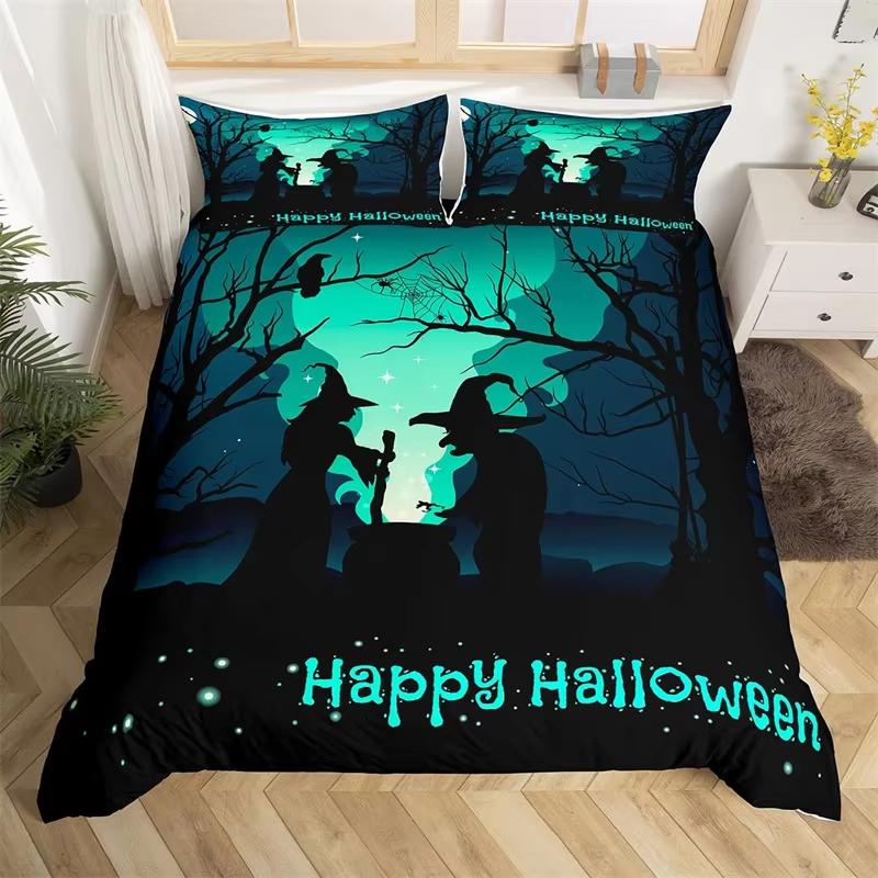 Детский набор пододеяльника с тыквенным фонарем Твин Кинг Хэллоуин Постельное белье Набор из микрофибры Ведьма Мистика Кладбище Принт Пододеяльник