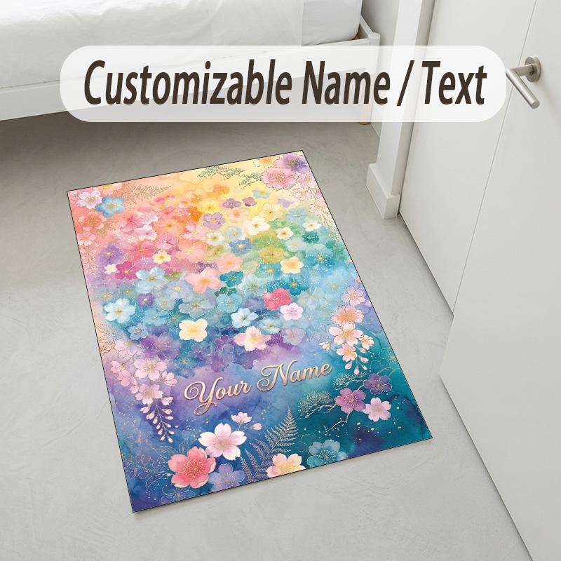 Floral Fantasy Theme Soft Crystal Velvet Rug Custom Name & Text Print Non Slip Floor Rug for Bedroom Living Room