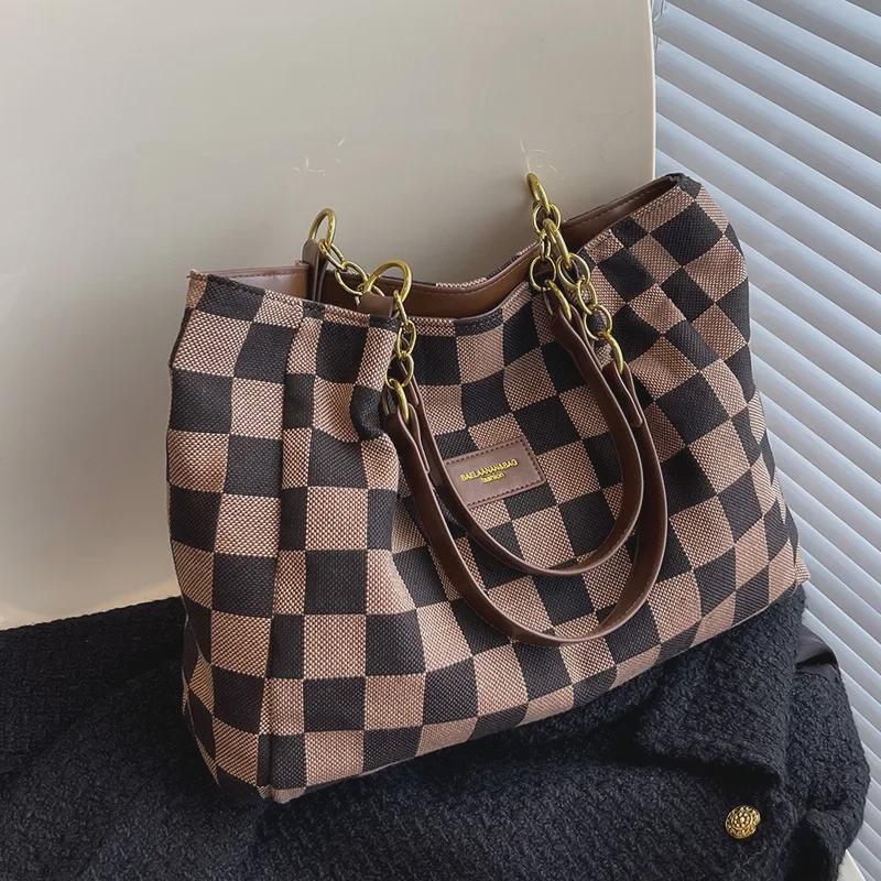 Женская сумка-тоут с леопардовым принтом большой вместимости - модная сумка через плечо с шахматным узором 2023 года