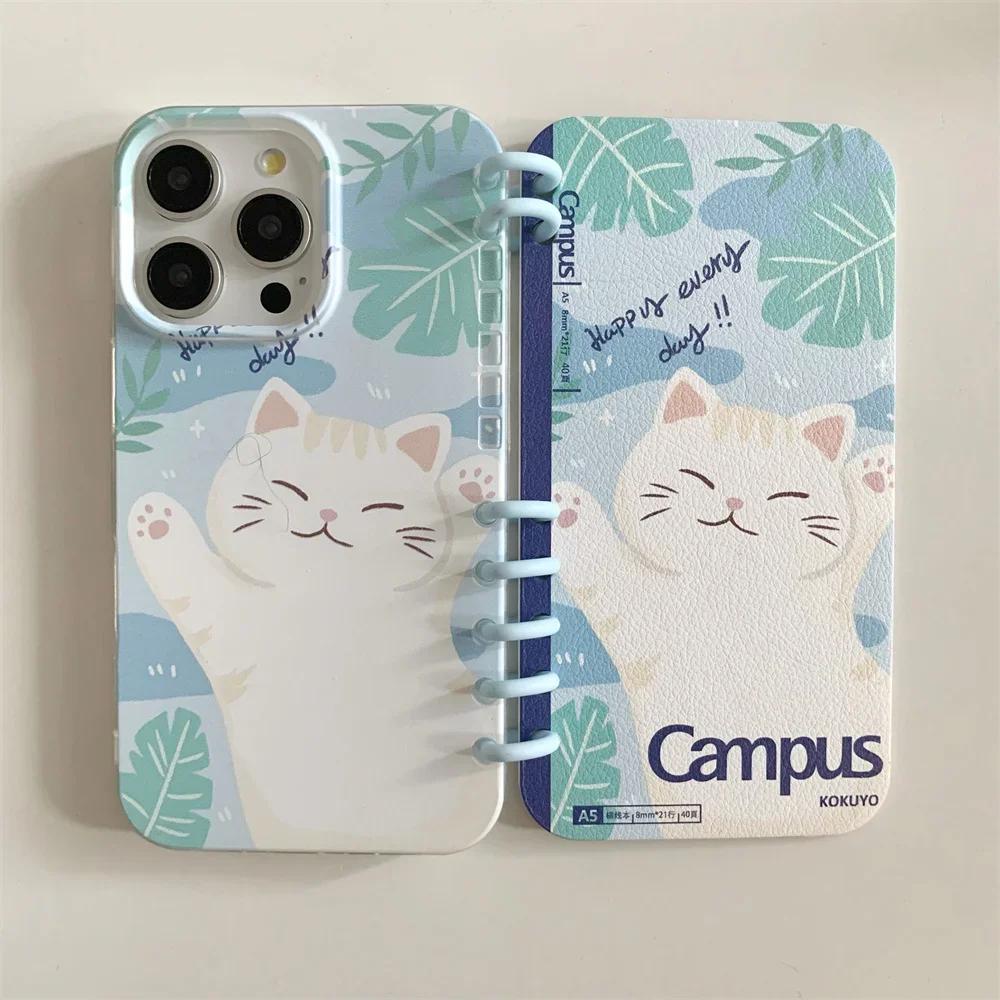 Чехол-книжка в стиле милого кота в виде спирального блокнота для iPhone 16 Pro Max 15 14 13, держатель для слота для подставки, противоударный чехол из искусственной кожи