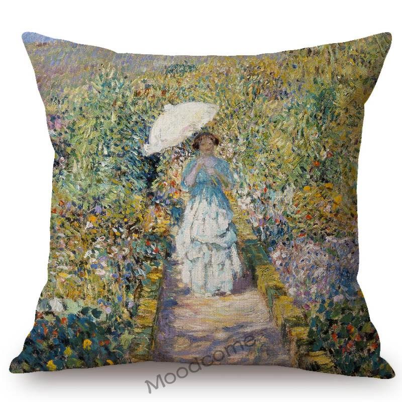 Us Frederick C. Frieseke Impressionism Oil Painting Flower Garden Madame Lady Girl Sofa Pillow Case Green Spring Cushion Cover