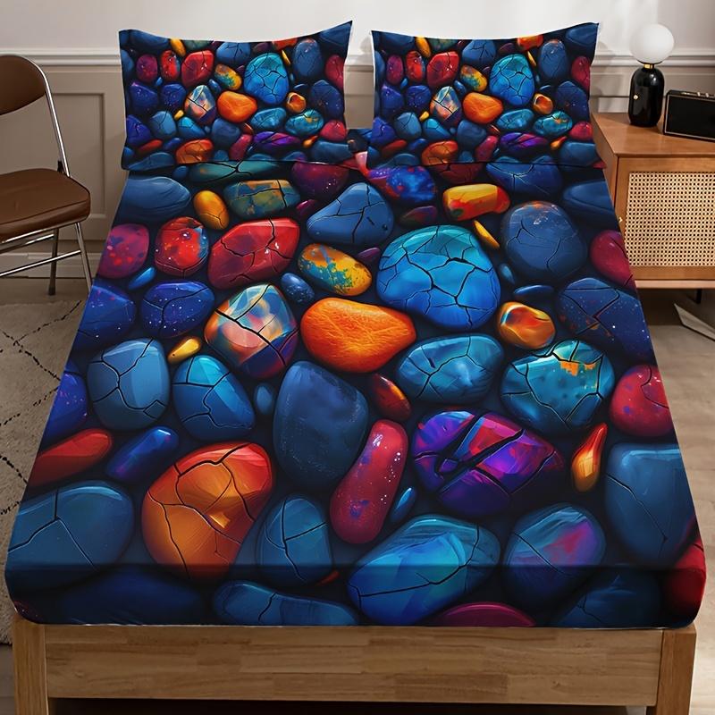 Colorful Textured Stone Pattern Bedding Set Fitted Sheet Breathable Polyester All-Season Digital Print Sheet with Deep Pocket