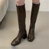 Новая Мода Круглый Носок Искусственная Кожа Сапоги до Колена Длинные Женские На Молнии Квадратный Низкий Каблук Вечеринка Женская Обувь