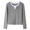 Women's Spring Fashion Simple False Two Comfortable Bottom Slim Slim Sleeved Top