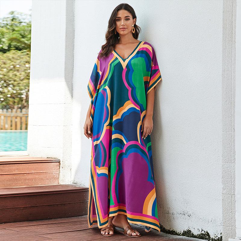 Свободный хлопковый халат большого размера с принтом - Пляжная накидка для женщин