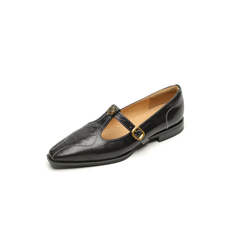Ретро квадратный носок плоская подошва низкий каблук средний вырез туфли-одинарки женские ремешок с Т-образной пряжкой Мэри Джейн маленькие кожаные туфли
