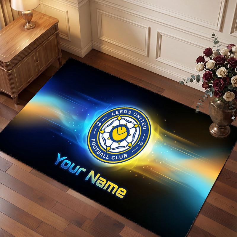 Leeds United Custom Crystal Velvet Rug, Personalized Name Text Print, Football Logo Soft Non‑Slip Floor Mat Home Decor Gift