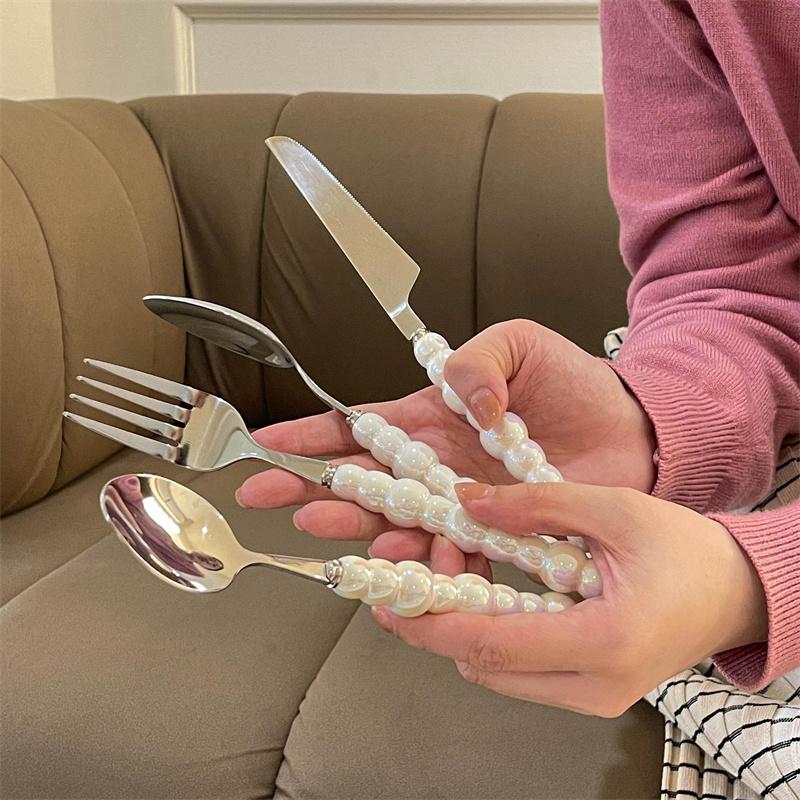 4Pcs Europe Silver Fashion Pearl Cutlery Set 18/10 Stainless Steel Creativity Flatware 304 Knife Fork Spoon Western Food Suit